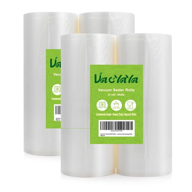 VacYaYa 4 Pack 8X50 Rolls (Total 200 feet) Vacuum Sealer Bags Rolls with BPA Free,Heavy Duty,Great for Sous Vide and Vac Seal storage Rolls - Image 1